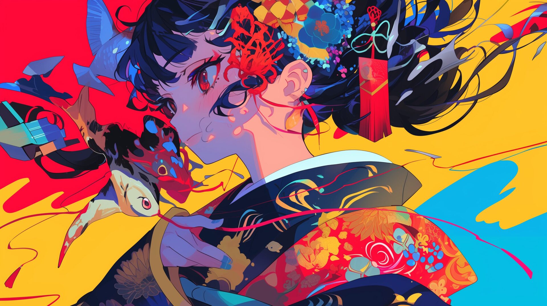 Anime character in traditional kimono holding a fan.