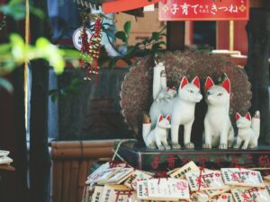 a group of white cats sitting on top of a table